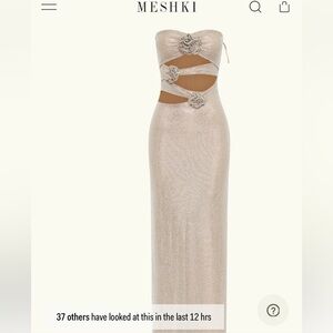 Meshki Champagne Metallic Strapless Maxi Dress with Rosette Details